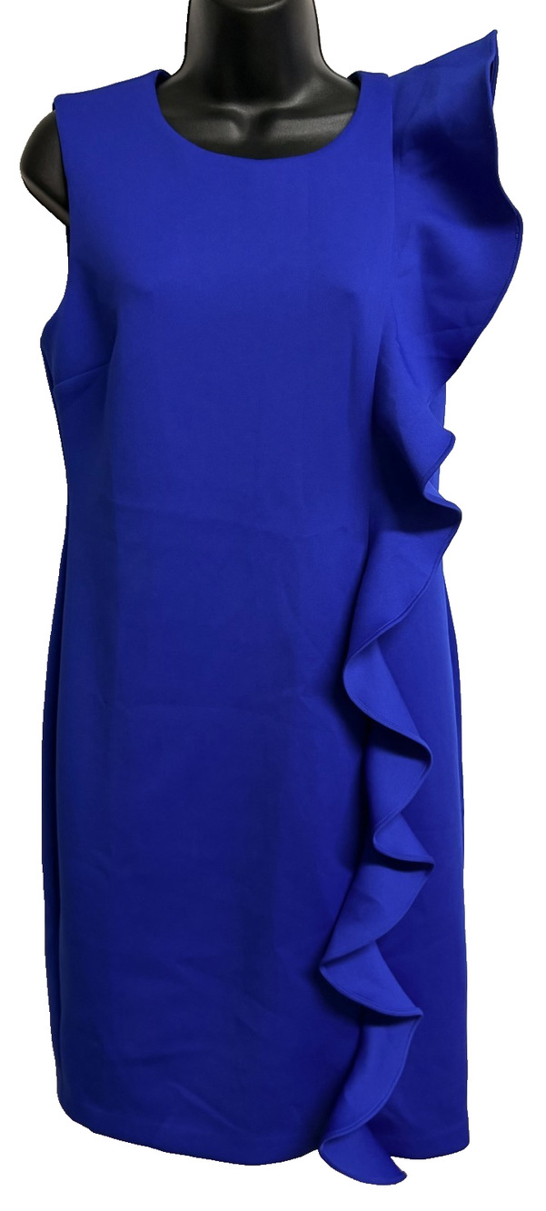 Calvin Klein Ruffle Side Sheath Dress Women's 8 Blue Sleeveless Cocktail Party
